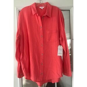 Time and Tru Womens Coral Textured Long Sleeve Button Down Shirt Top Size L